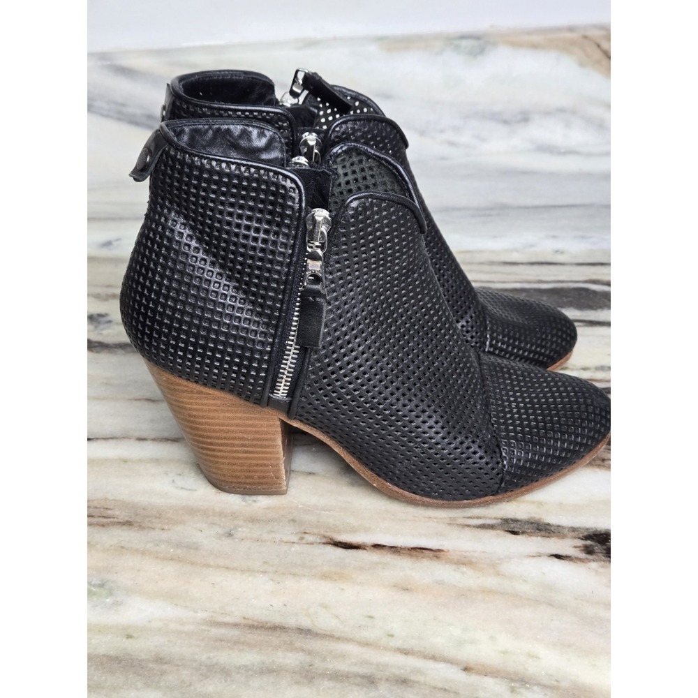 Rag &‎ Bone Margot Black Leather Dual Zip Perforated Boots Booties Women Size 39